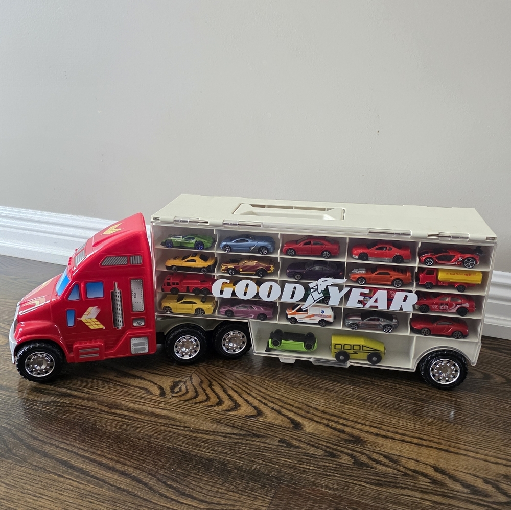 Vintage Pedbox Goodyear Truck Toy Car Carrier Storage Case w/ Diecast Cars 1999